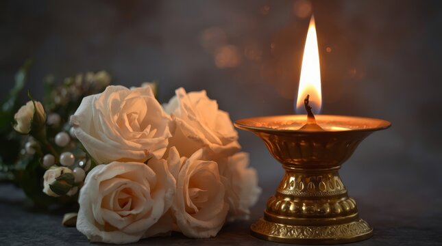 Elegant brass oil lamp with warm flame illuminating soft white floral arrangement with flickering glow beside delicate white roses serene setting
