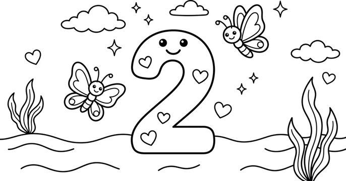 Cute number two coloring page for children featuring butterflies clouds and hearts in a simple black and white line art