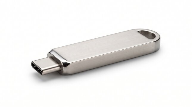 Silver metallic usb type c flash drive on white background