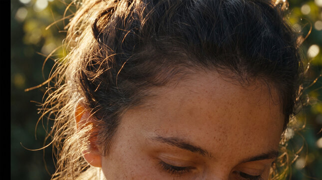 Close up of freckled woman forehead and wavy hair in sunlight