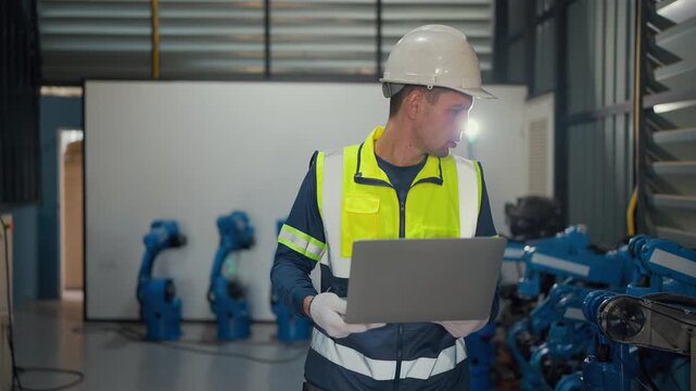 Worker reviews data on laptop near industrial robots. He wears safety gear and helmet with focused attention. Blue robots stand idle in background