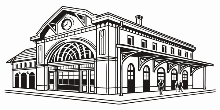 Vintage railway station building with clock and iron arched roof architecture