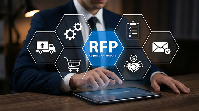 Businessman interacting with digital RFP Request For Proposal hologram interface