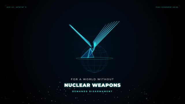 Abstract neon wireframe dove symbol for a world without nuclear weapons concept on dark background with digital particles and text overlay for peace and disarmament 4k Motion Video