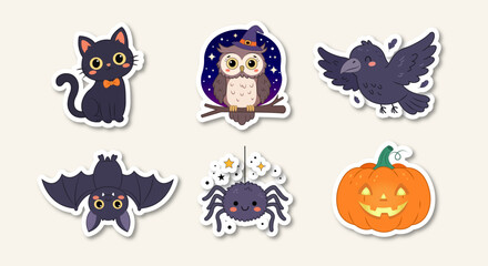 Obraz premium Cute Halloween Character Sticker Collection with Owl Bats and Spider
