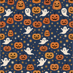 Obraz premium Cute Halloween Seamless Pattern with Pumpkins Ghosts Bats and Stars