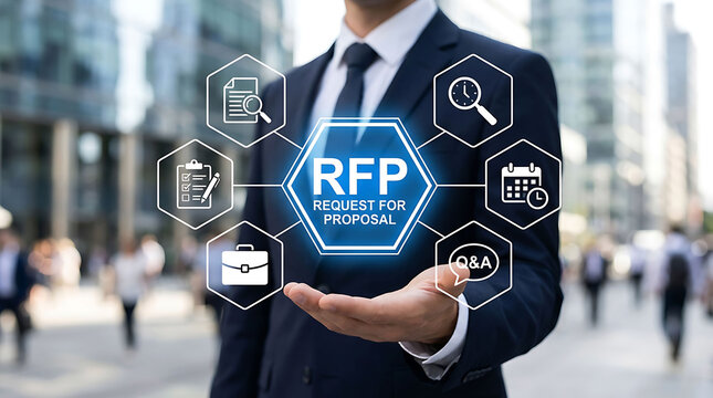 Businessman holding glowing RFP Request for Proposal business concept graphic