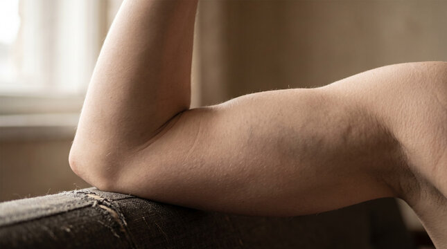 Close up of bent human arm bicep and elbow in warm indoor light