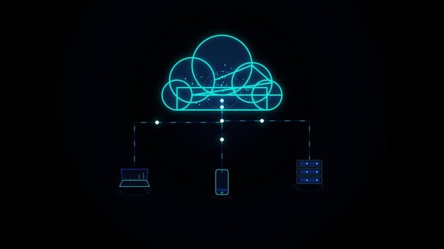 Glowing blue digital cloud computing network icon with connected laptop smartphone and server devices on a dark background showing modern technology data storage connection 4k Motion Video