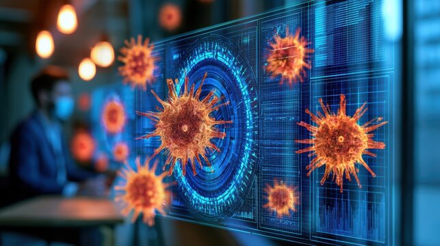 A futuristic digital hologram displaying a public health advisory with statistical data, emphasizing advanced technology and medical communication.