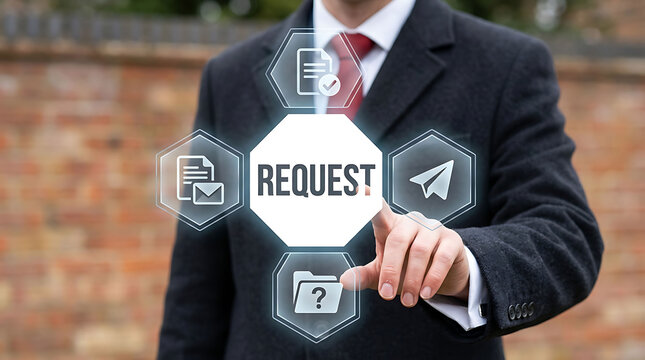 Businessman interacting with digital request interface and business icons