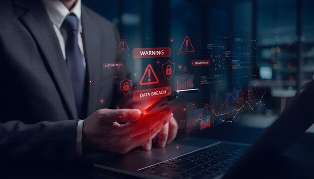 cybersecurity alert and mobile data breach concept showing professional using smartphone with glowing red warning icons, system error holograms, and digital hacking risk notification in corporate