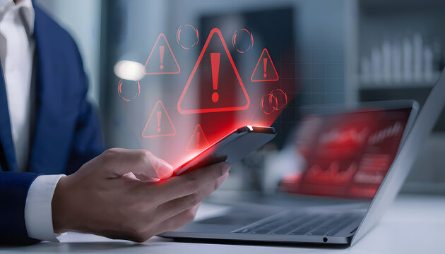 cybersecurity alert and mobile data breach concept showing professional using smartphone with glowing red warning icons, system error holograms, and digital hacking risk notification in corporate