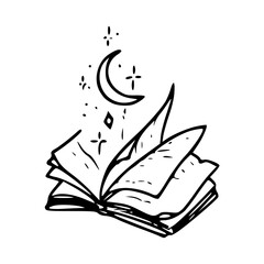 Fototapeta premium magical open book with crescent moon line art vector illustration
