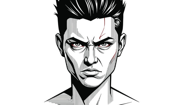 Portrait of a determined young man with a scar on his forehead drawn in dramatic black and white manga line art style.