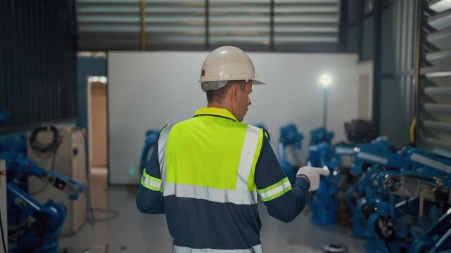 Worker reviews data on laptop near industrial robots. He wears safety gear and helmet with focused attention. Blue robots stand idle in background