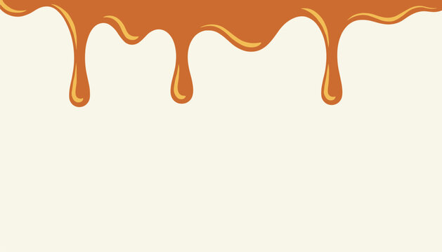 Sticky orange caramel syrup dripping downwards from the top of the frame against a cream colored background.
