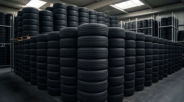 Stacks of new rubber tires arranged in an industrial warehouse facility