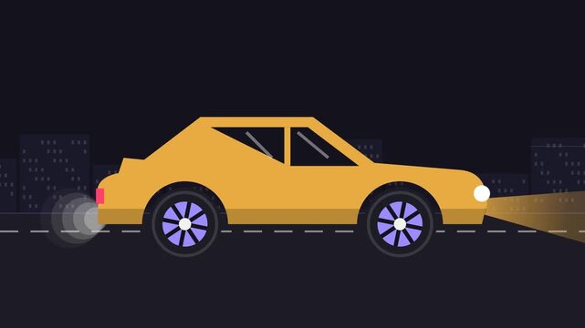 Yellow car driving on a city road at night vector illustration