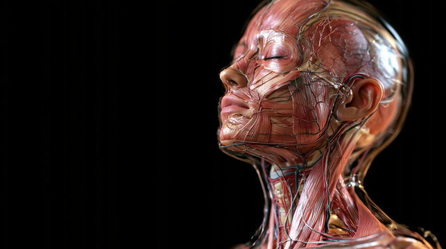 Human female digital twin showing detailed facial muscle and vascular anatomy in profile against black background