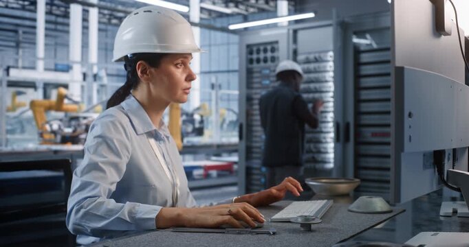 At Modern Manufacturing Facility, Female Specialist Operates PC Workstation While Colleagues Check Server Racks Behind Her. Smart Data Infrastructure Supports Automated Production Lines. Automation.