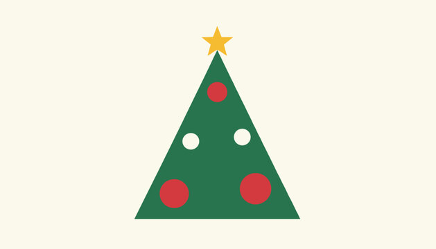 Simple geometric cartoon illustration of a green Christmas tree decorated with red and white baubles.