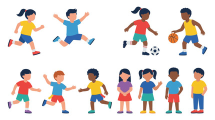 Fototapeta premium Set of diverse children characters engaged in various sports activities and standing poses.
