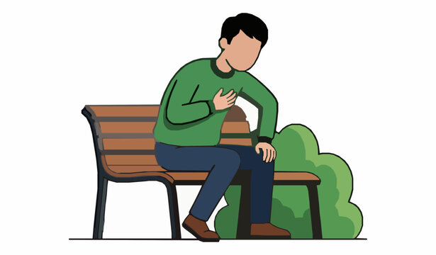 Man experiencing heart attack while sitting on garden bench flat vector illustration