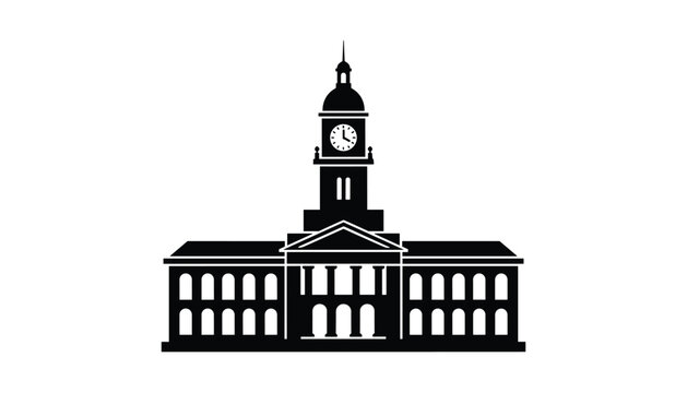 Black silhouette of a classic municipal building or town hall featuring a clock tower isolated on a white background.