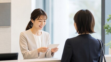 Obraz premium 笑顔で接客する日本人受付担当者
