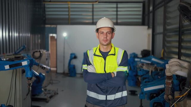 Man wears safety gear, stands confidently. Factory floor holds multiple robotic arms. Background shows industrial equipment, metal walls