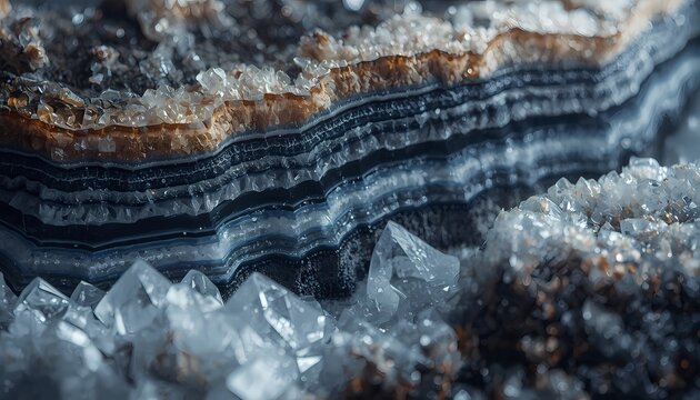 Abstract dark agate geode texture with layered mineral stone and macro quartz crystal facets close up, generative ai