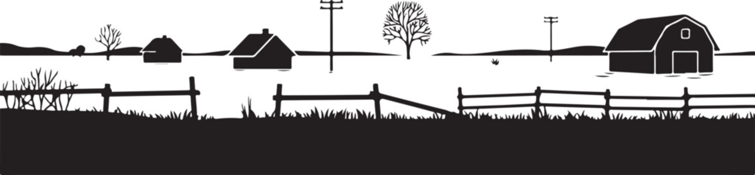 Countryside farm landscape silhouette presents wooden barn and cottages behind long fence with electrical poles across horizon.