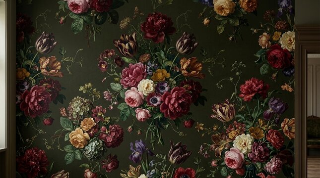 Dark Floral Wallpaper Pattern - Vintage Roses and Tulips