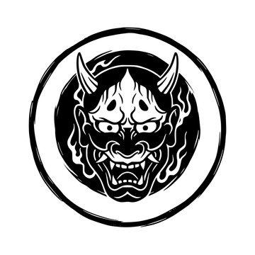 Japanese hannya mask silhouette vector icon for traditional oriental demon tattoo design