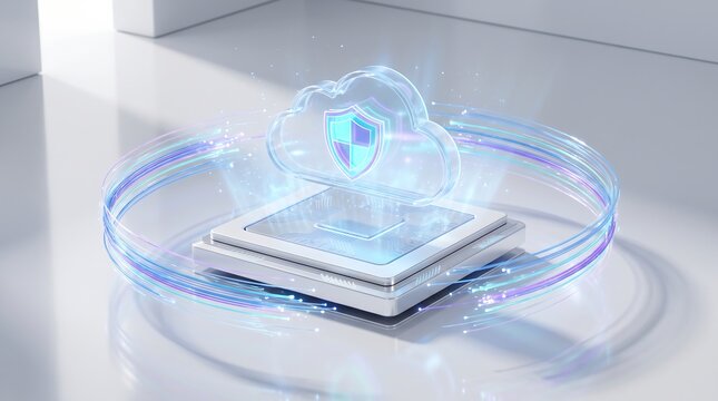 Advanced microchip processor security concept with glowing shield cloud and fiber optic lights