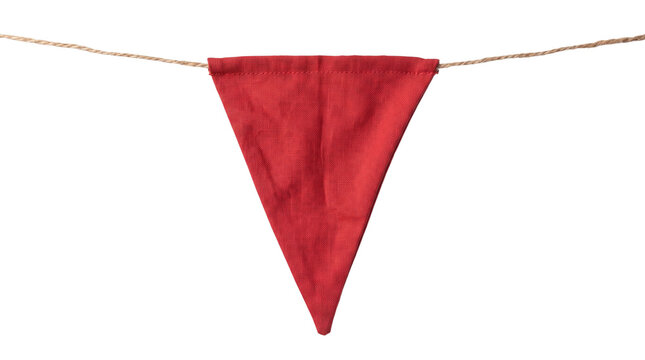 Red fabric bunting flag on twine, rustic triangle pennant banner, festive hanging decoration for party or celebration