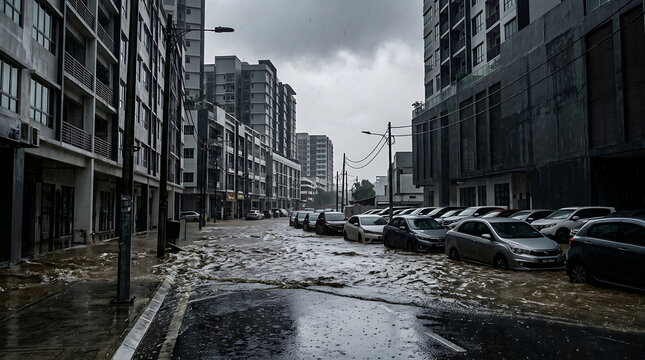Flooded city street with partially submerged vehicles and residential buildings during a severe weather event and flash flood