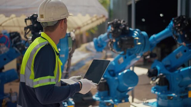 Worker reviews data on laptop near industrial robots. He wears safety gear and helmet with focused attention. Blue robots stand idle in background