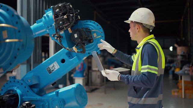 Worker reviews data on laptop near industrial robots. He wears safety gear and helmet with focused attention. Blue robots stand idle in background