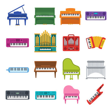 Flat vector illustration set of keyboard musical instruments featuring grand piano, upright piano, organ, synthesizer, accordion, melodica, celesta, keytar, and toy piano on white background.