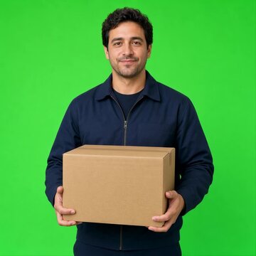 Young Man Holding a Cardboard Box for Delivery and Shipping Service, Smiling Businessman Carrying a Package for Work, Moving, Logistics and Parcel Transportation on Green Screen