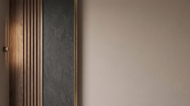 Modern interior wall detail featuring vertical wooden slats, a textured dark slate panel, and brass metal trim against a neutral beige plaster background with copy space.