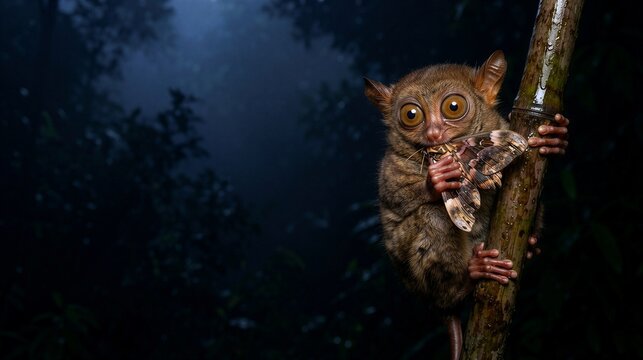 Nocturnal Togean Tarsier Grabbing and Eating Insect on Bamboo Stalk, Misty Night Jungle Background with Translucent Foliage