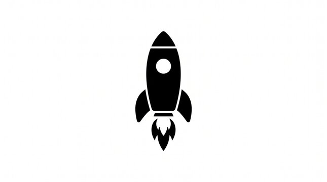 Minimalist black rocket ship icon with exhaust flames spacecraft spaceship