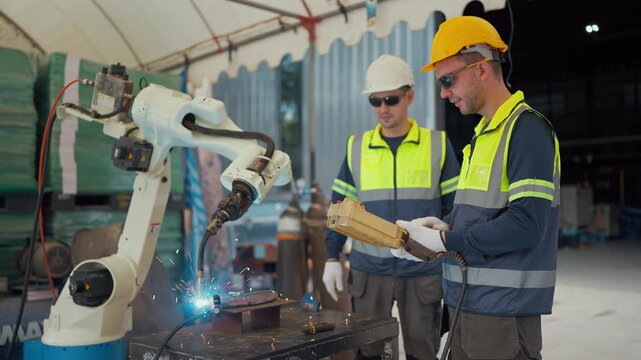 Two workers in safety gear observe a welding robot. They focus on sparks flying from the welding point. The worker holds a metal piece