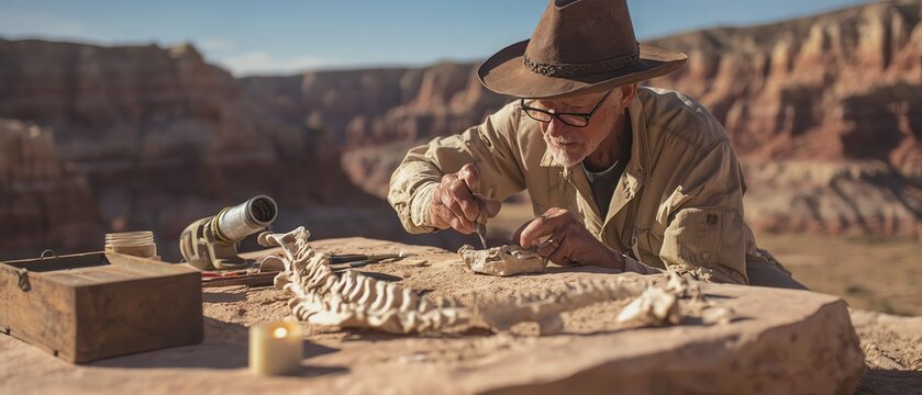A paleontologist examines dinosaur fossils outdoors.