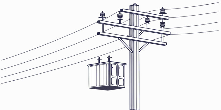 Distribution power pole with high voltage transformer and multiple lines