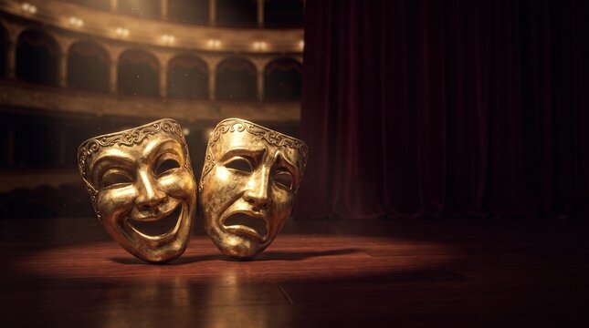 Golden comedy and tragedy theater masks on a dark stage with dramatic spotlighting