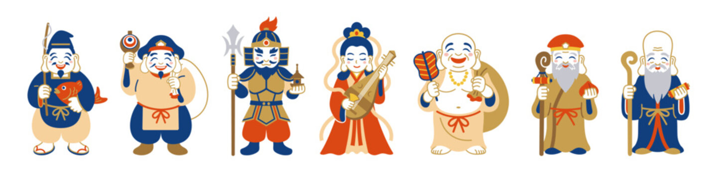 笑顔で並ぶかわいい七福神のシンプルなイラスト
